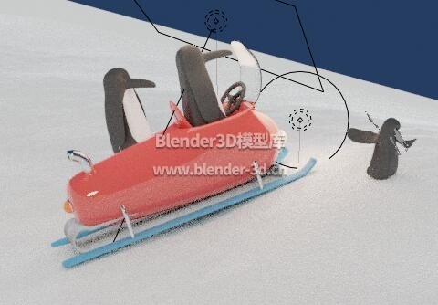 卡通企鹅滑雪雪橇车